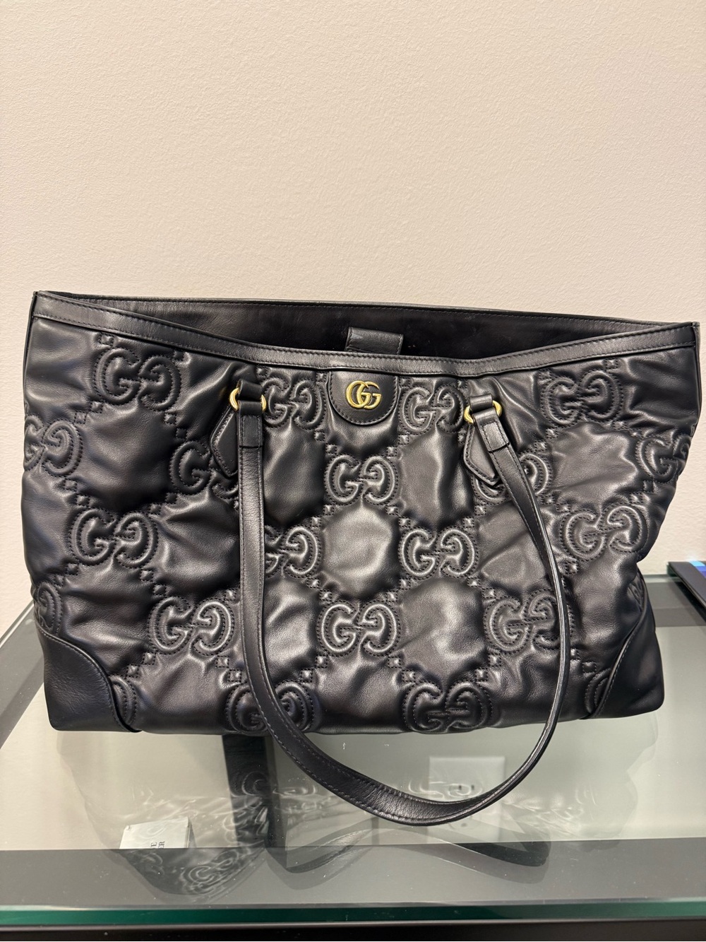 Gucci Black and Cream Canvas Tote with Gold-Tone Zipper